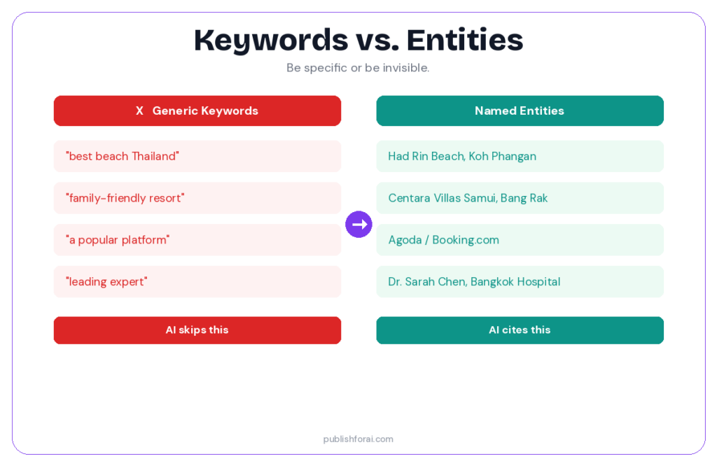 Illustration that compares keywords vs entities.