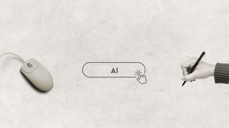 Computer mouse, hand writing with a pen and search bar with AI written into it. Symbolizing topic cluster AI search.