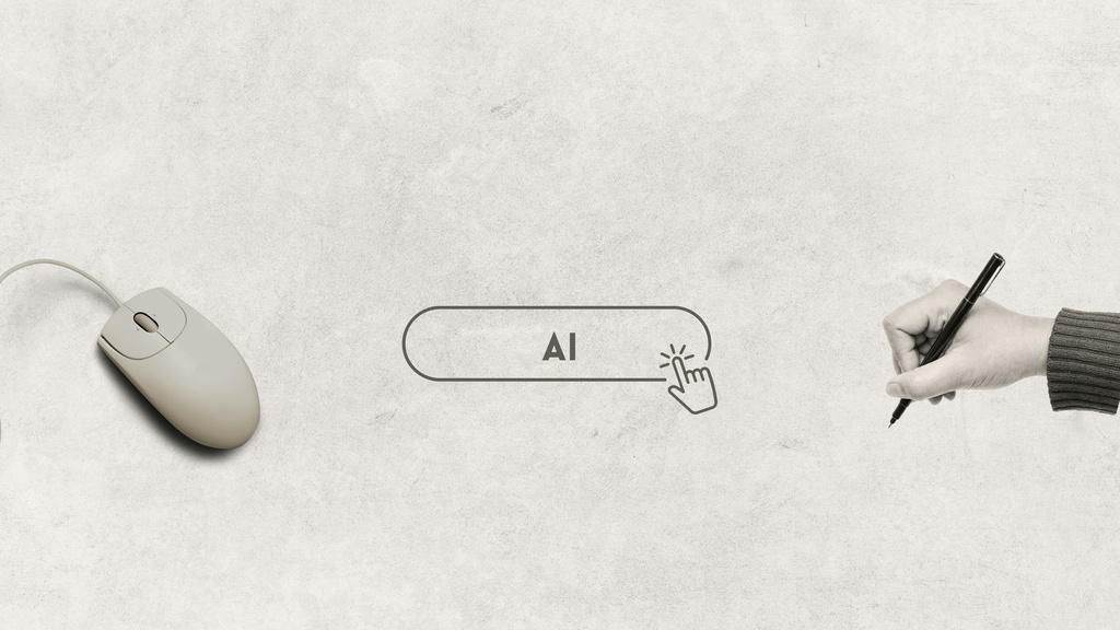 Computer mouse, hand writing with a pen and search bar with AI written into it. Symbolizing topic cluster AI search.