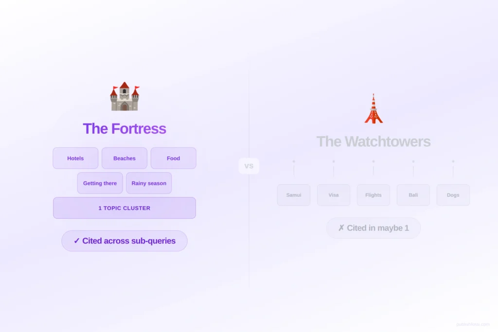 Visual comparison of two content strategies. The Fortress: 5 articles in one topic cluster, cited across multiple AI sub-queries. The Watchtowers: 5 articles on 5 separate topics, cited in maybe one sub-query.
