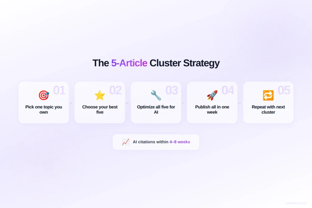 Five-step cluster strategy: 1. Pick one topic you own. 2. Choose your best five articles. 3. Optimize all five for AI. 4. Publish all in one week. 5. Repeat with next cluster. Expected result: AI citations within 4 to 8 weeks.